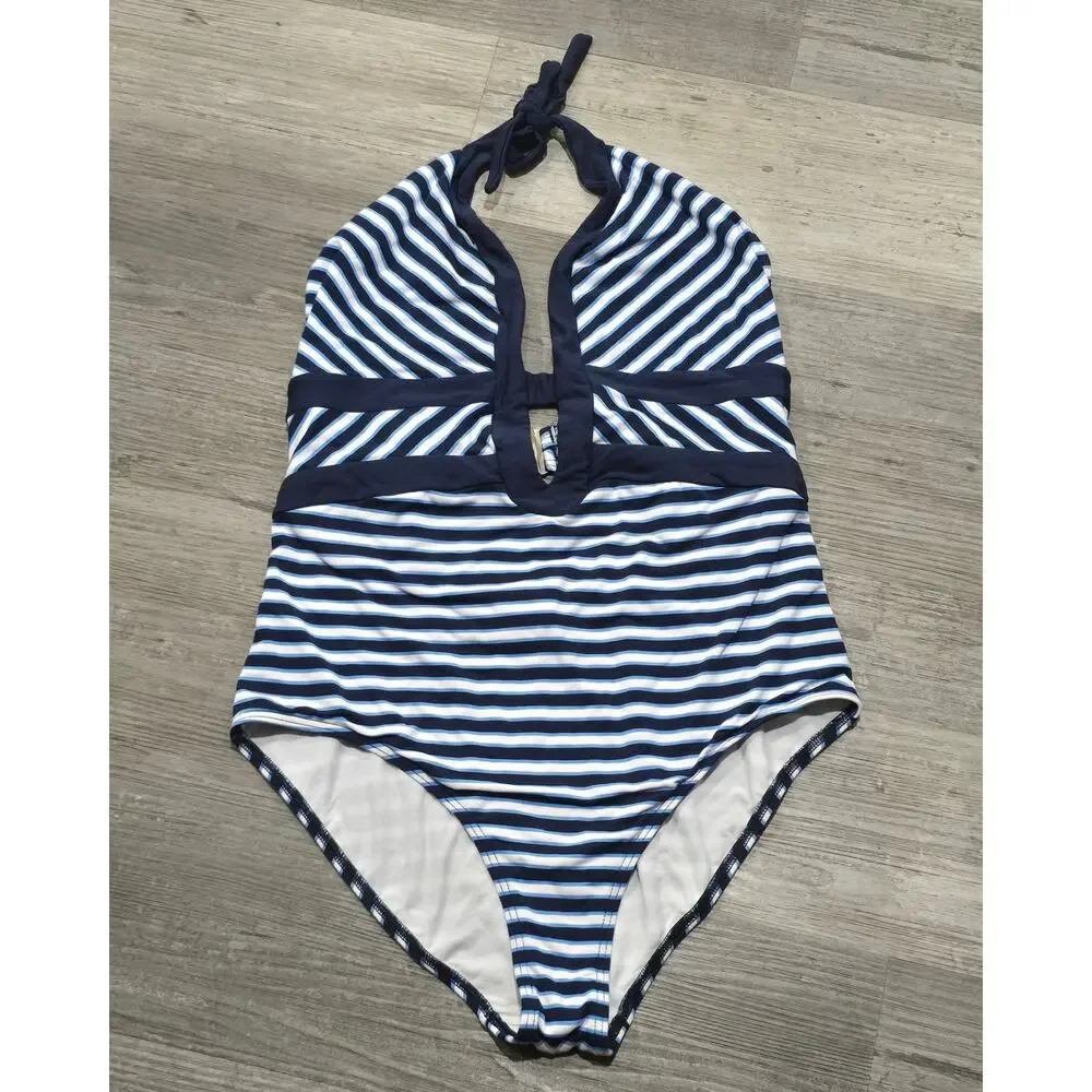 JETS Australia by Jessika Allen Striped Plunge V-Neck One-Piece Swimsuit